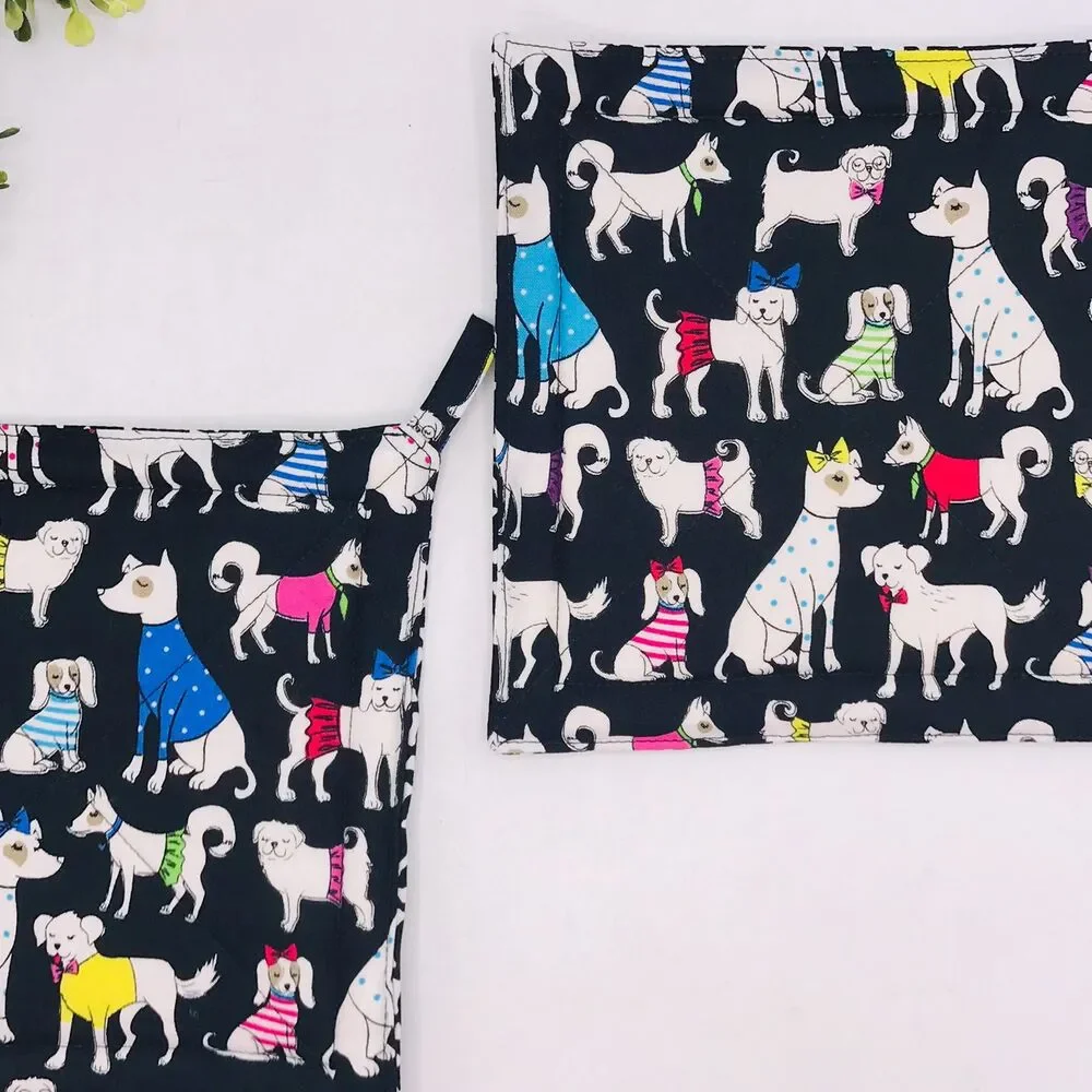 2 Square Potholders, Dog Print Cottage Core Kitchen 7x7 Inches